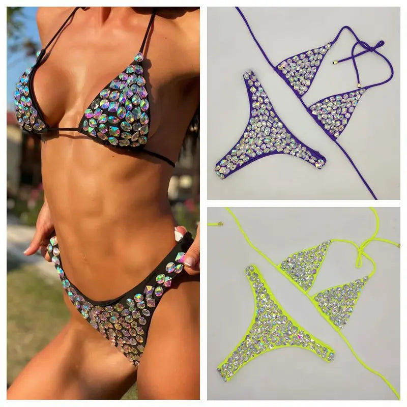 NEW Arrivals Luxury Shiny Diamond Bikini Set Summer Beach Push Up Halter Swimsuit Female Crystal Swimwear Women Brazilian Bikini Ladies Sexy Beach Wear