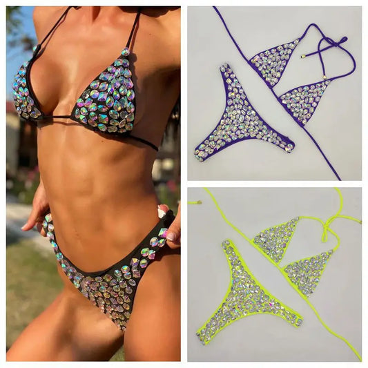 NEW Arrivals Luxury Shiny Diamond Bikini Set Summer Beach Push Up Halter Swimsuit Female Crystal Swimwear Women Brazilian Bikini Ladies Sexy Beach Wear
