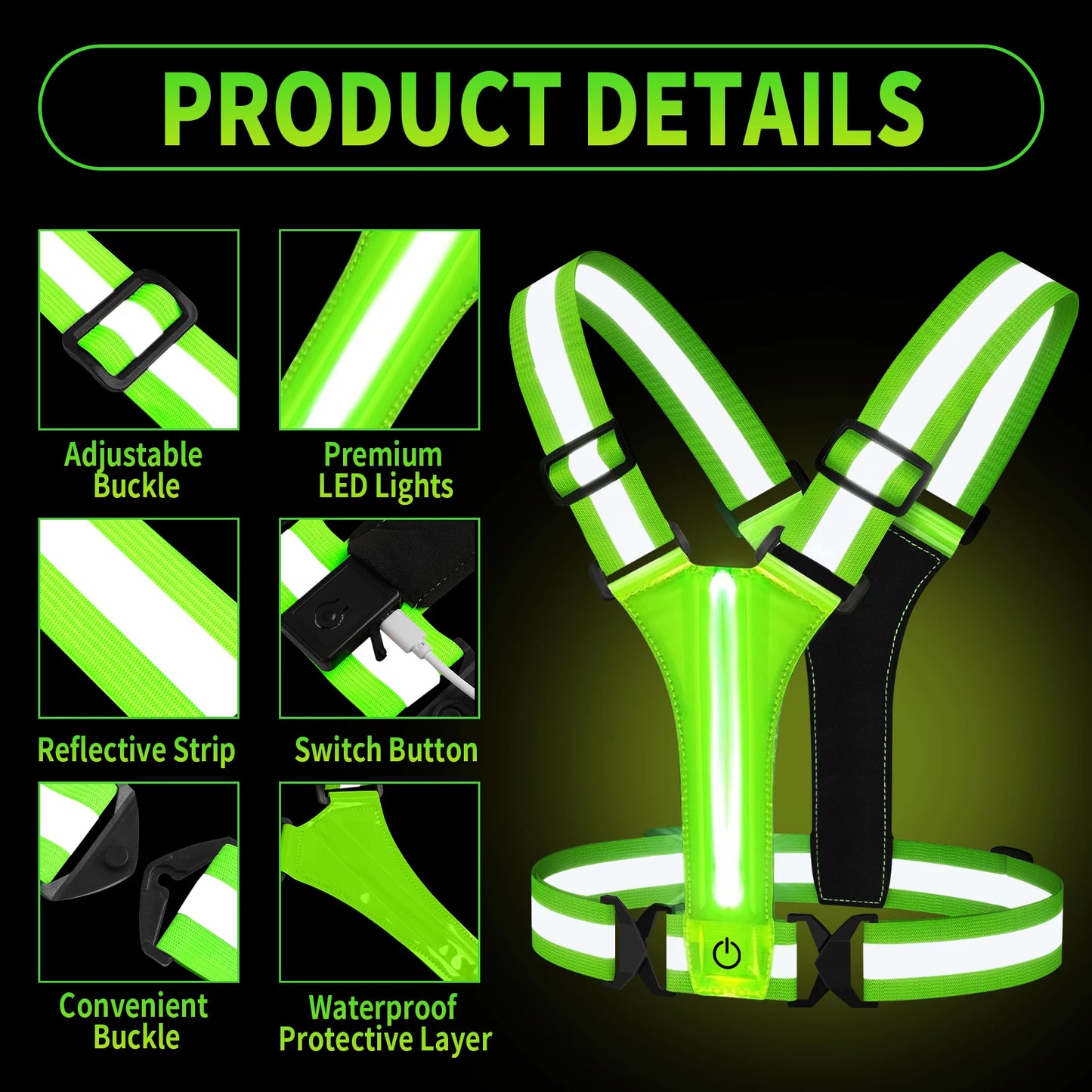 2 PCS Set 3 Colors Adjustable Reflective Security Vests Safety High Visibility Rechargeable Running Cloth For Outdoor Night Runners Cycling Sports
