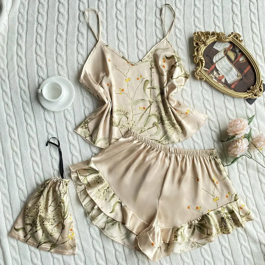 NEW Arrivals 2PCS Set S-XL 5 Colors Summer Fashion Sexy Silk Luxury Pajamas Set Short Pants Home Clothes Set V-Neck Sleeveless Women's Sleepwear Suit