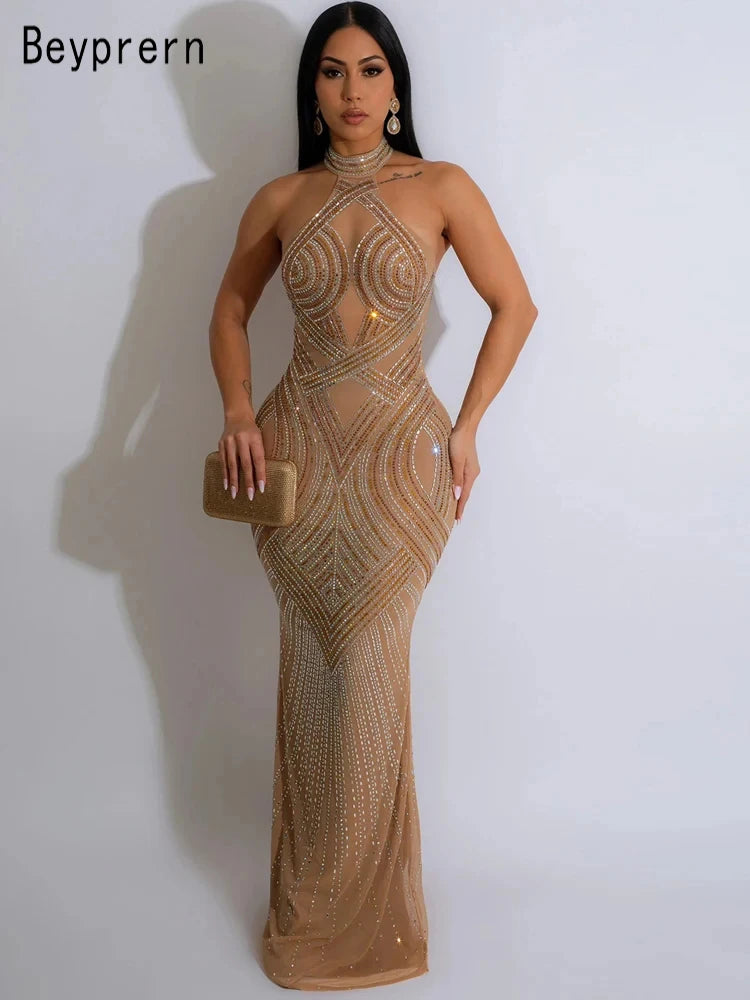 Women's Rhinestones Décor Long Maxi Dress Glam Backless Hallucination Mesh Diamonds Party Dress Celebrities Outfits