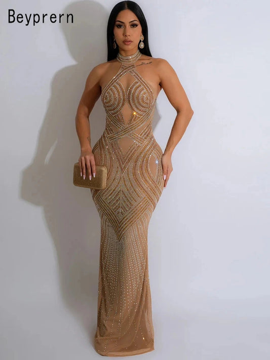 Women's Rhinestones Décor Long Maxi Dress Glam Backless Hallucination Mesh Diamonds Party Dress Celebrities Outfits