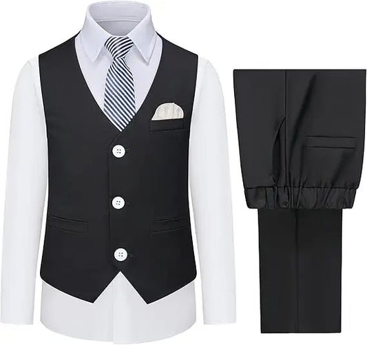 3 PCS Set 10 Colors Boys Kids Vest and Pants Set + Tie + Bowtie Formal Dress Suit Teen Boy Wedding Guest Evening Birthday Party Communion Outfit Kids Piano Host Performance Costume