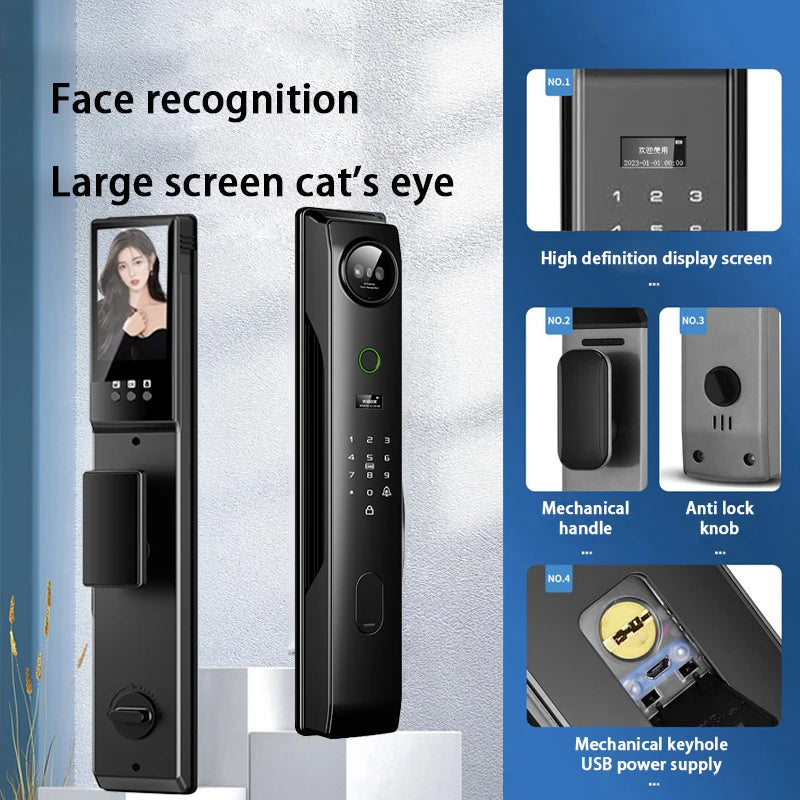 NEW 4 in 1 TUYA 3D Facial Recognition App WI-FI Password Fingerprint IC Card Portable Visual Doorbell Monitoring Camera Electronic Door Lock Home Apartments Office Security Supplies