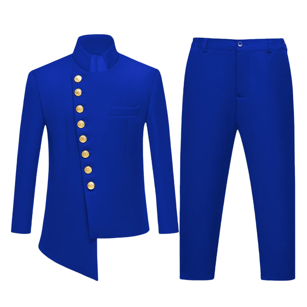 2 PCS Set 3Y-14Y Children Kids' Suit Set: Royal Blue/Black/White Color  Jacket with Gold Buttons & Pants, Wedding Guest Evening Birthday Party Formal Outfit for Boys