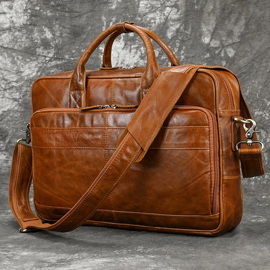 Cow Leather High Quality Men's Outdoor Travel Briefcase Big Genuine Leather Fit 16" Laptop Business Handbag Messenger Shoulder Bag Male Work Tote Red Document Organizer