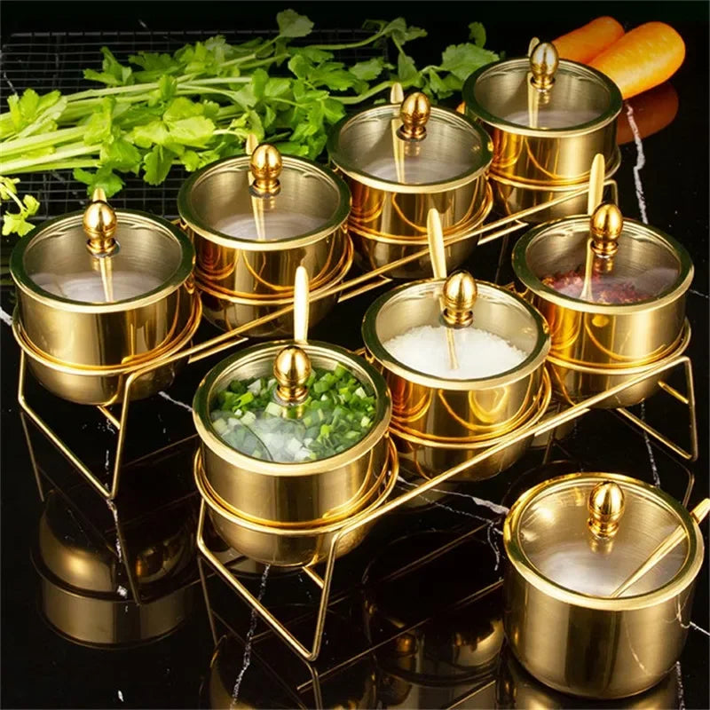 NEW Arrivals 2/3/4 Sets Luxury Golden 304 Seasoning Box Bottle Glass Pot Cap with Spoon Flavoring, Holder Rack Tank Sauce Spice Jar Salt Soy Storage Box Kitchenware Preparing Cooking Tools