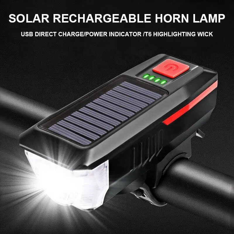 Solar Bicycle Light USB Rechargeable Power Display MTB Mountain Road Bike Front Lamp with Horn Flashlight Bicycle Light