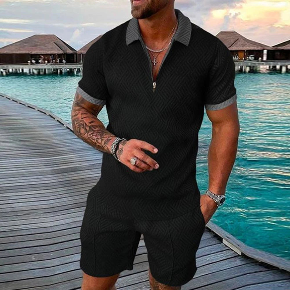 2 PCS Set S-5XL Plus Size for Curvy Men's Athletic T-Shirt Set Casual Mesh Lapel Short Sleeve Pullover Tops + Shorts  Solid Thin Sporty Suits Summer Casual Clothing Suit