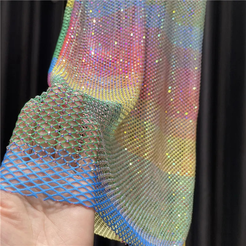 Bright Diamond Rainbow Y2K Vest Dress Hollow Color Rhinestones See-through Mesh Dress Women Neon Color Cllub Shift Dress