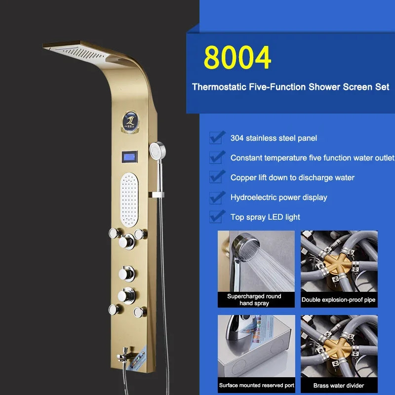 Luxury Stainless Steel Home Improvement LED Lights Shower Faucets Luxury Bathroom Faucet Set Bather Thermostat Shower Screen Shower Electronic System Kit Home Bathroom Supplies