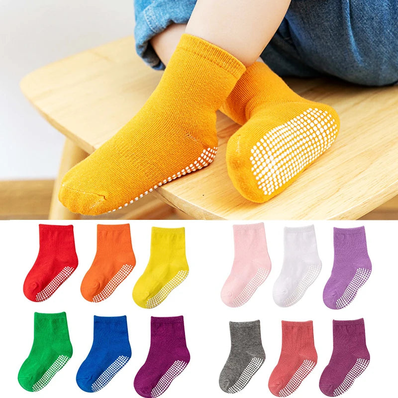 NEW 0-7Y 6 Pairs Set Lot Spring Autumn Newborn Kids Anti-Slip Cotton Socks Solid Color Soft Breathable Cotton Baby's Boat Socks Boys Girls Trampoline Socks