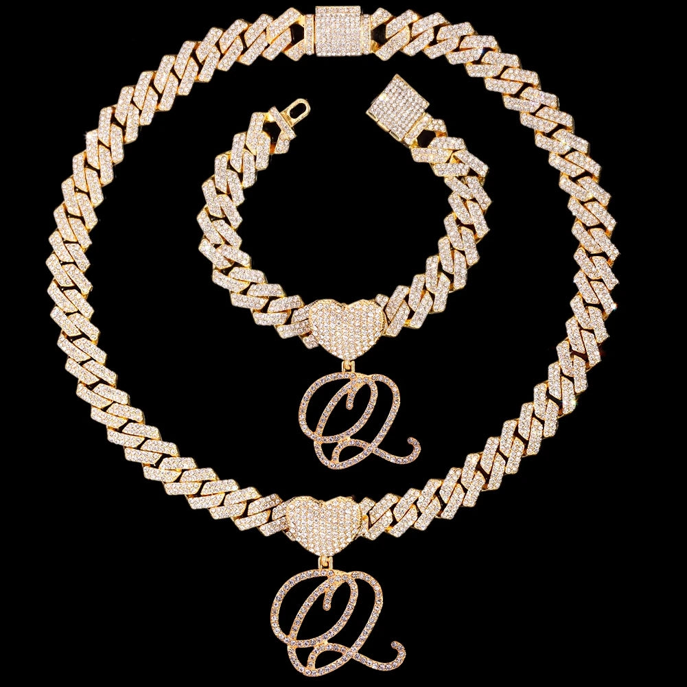 2 PCS Set New Fashion A-Z Initial Cursive Letter Luxury Rhinestones Pendant Cuban Necklace for Women Iced Out Cuban Link Chain Necklace Set Jewelry