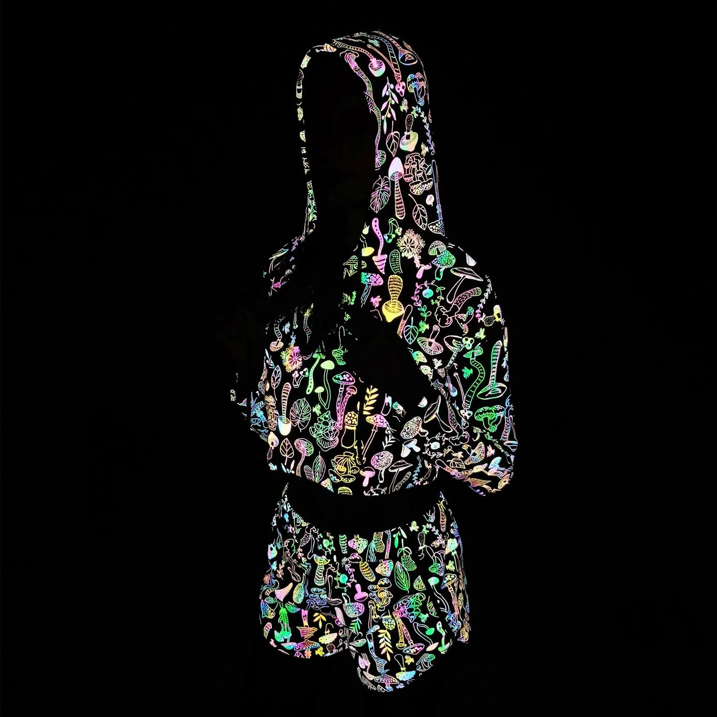 NEW Arrivals Spring Autumn Women Colorful Reflective Pullover Hoodies Y2K Harajuku Mushroom Printed Long Sleeve Crop Tops Night Clubwear Rave Party Costume