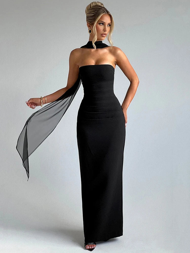 NEW Arrivals UK Size White/Burgundy/Black Color Scarf Collar Strapless Sexy Maxi Dress For Women Fashion Off-Shoulder Backless Bodycon Club Evening  Party Long Dress