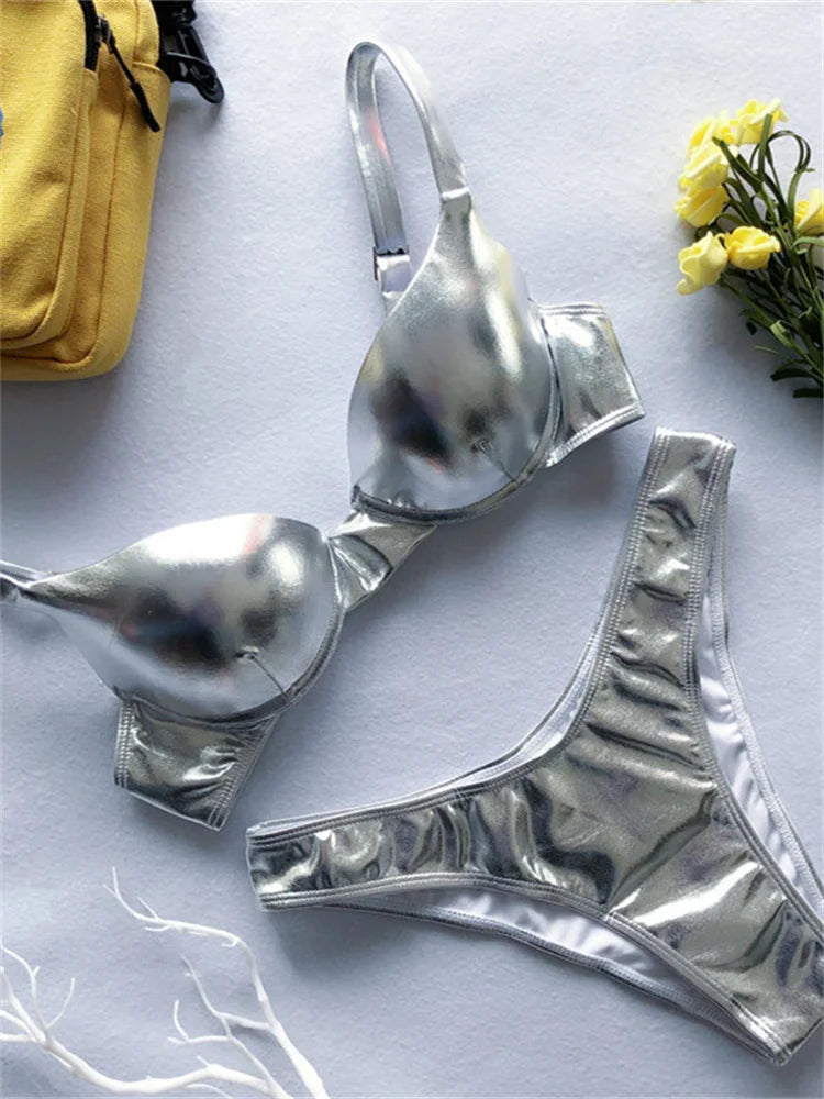 Silver Gold Underwire Bikini  Shiny Faux Leather Push Up Micro Swimsuit Women Solid Bathing Suit Thong Swimwear Beachwear