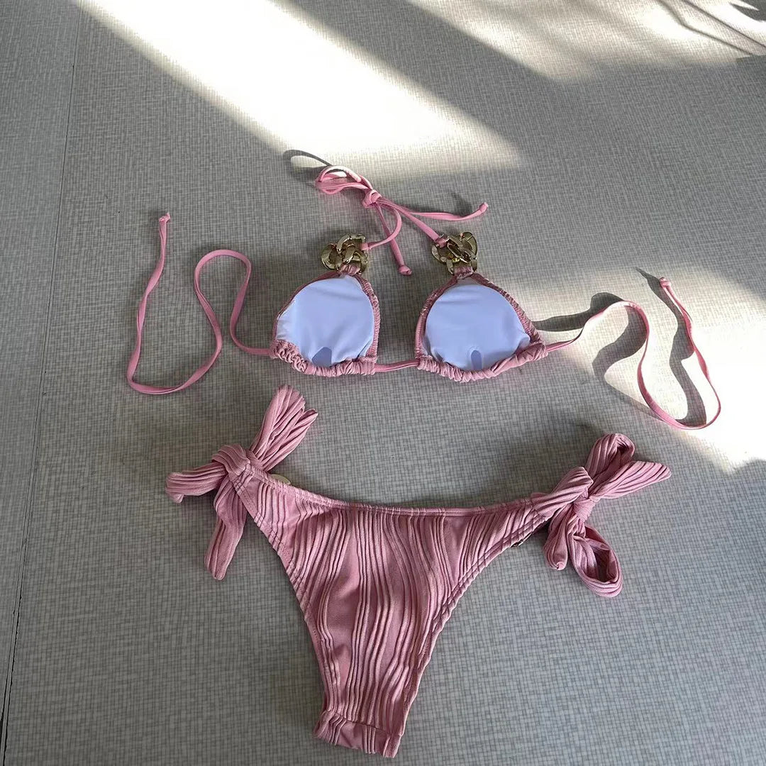 NEW 8 Colors Sexy Halter Metal Rings Bikinis Wrinkled Bikini Female Swimsuit Women Swimwear 2PCS Bikini Set High Cut Bathing Suit Swim Ladies Sexy Swimwear Bikini Set