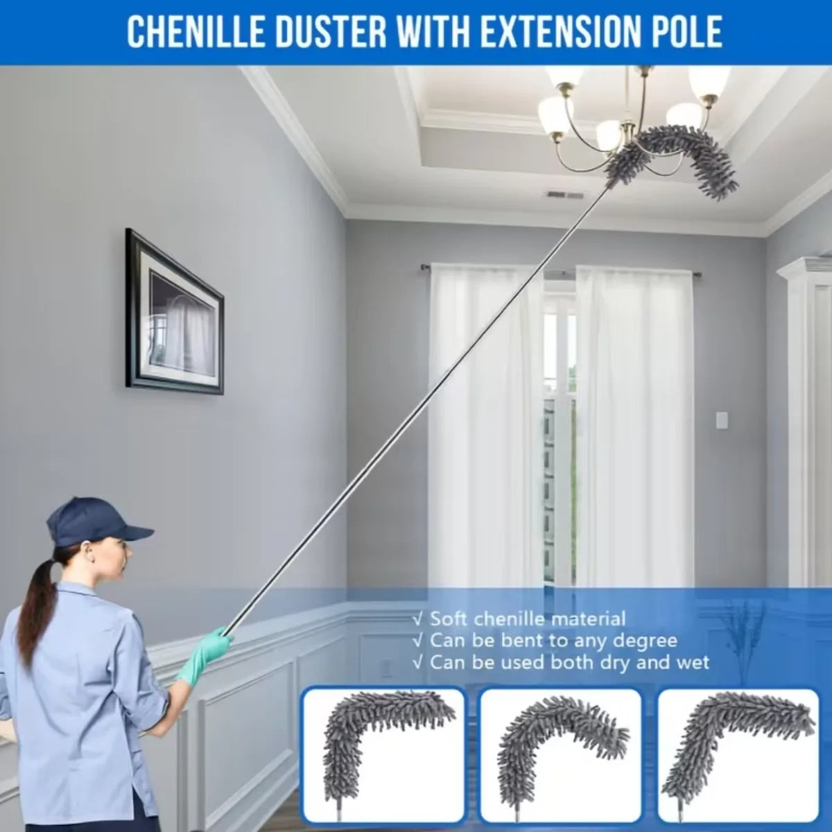5 PCS Set Microfiber Duster Kit with Extension Pole Retractable for Ceilings Fans Blinds Car Furniture Cobweb Cleaning Household Duster Home Office Cleaning Supplies