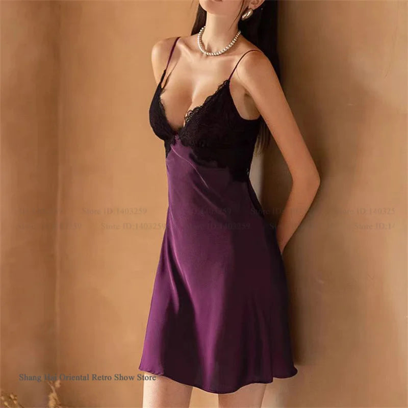 2 PCS Set Sexy Female  Long Robe Nightgown Spring Summer New Silk Satin Sleepwear Nightdress Lingerie Patchwork Lace Home Wear