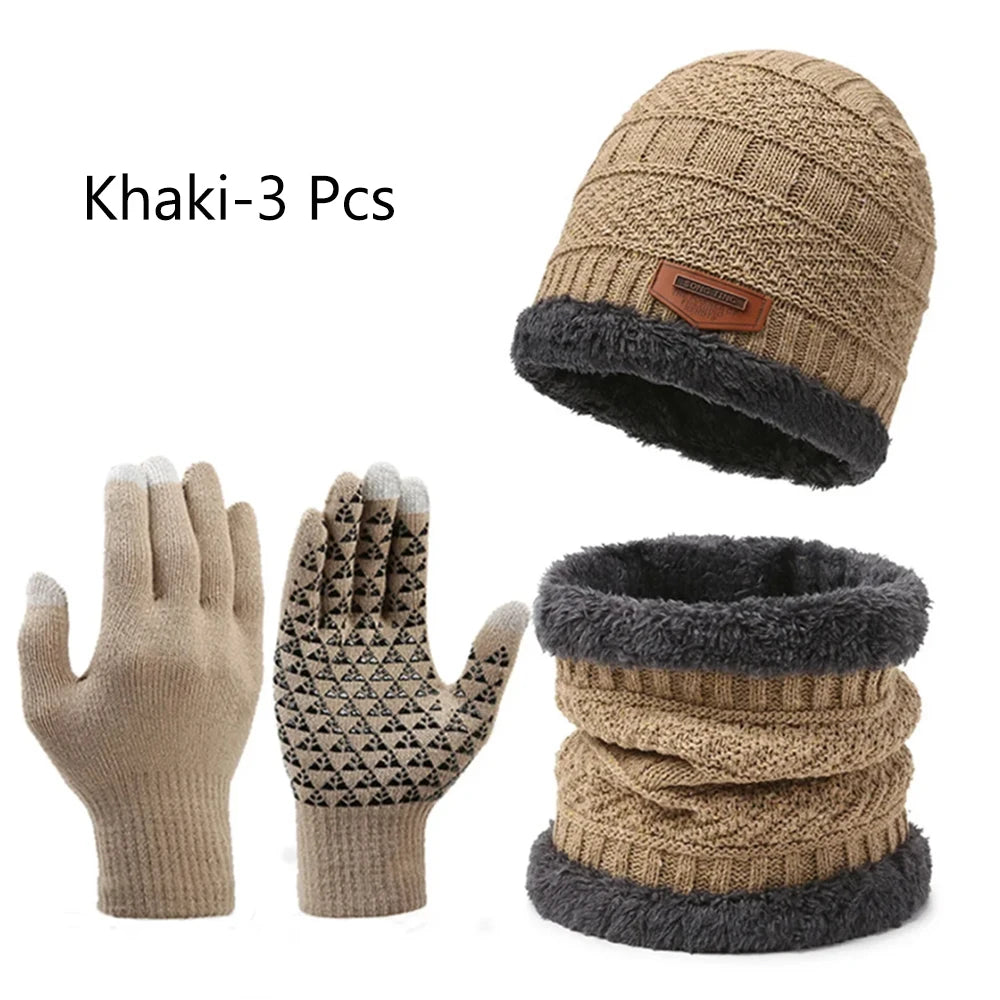 3 PCS Set Winter Fleece Thicken Windproof Hat Gloves Scarf Set Plush Warm Wool Knit Beanies for Men And Women