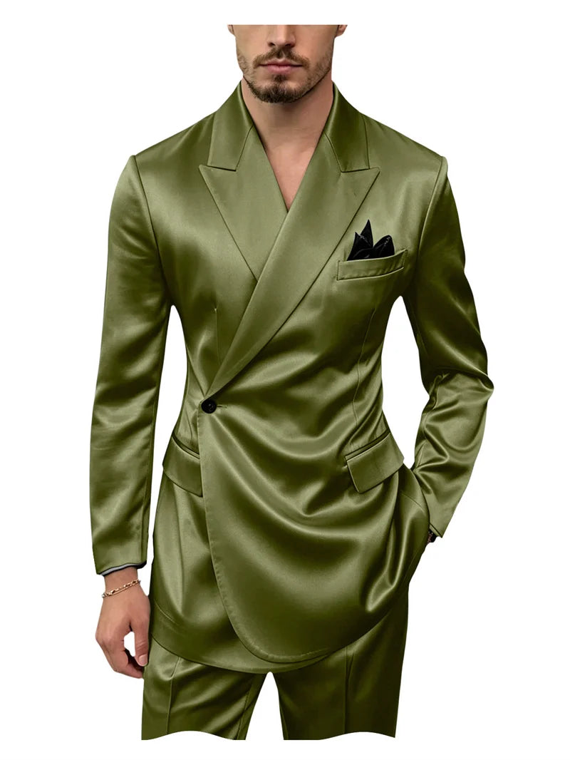 8 Colors 2 PCS Set S-7XL Extra Plus Size Men's Luxury Satin Suit Asymmetrical Wrap Peak Lapel Silk Suit One Button Slim Fit Blazer Pants Wedding Celebrity Red Carpet Business Formal Evening Luxury Outfit