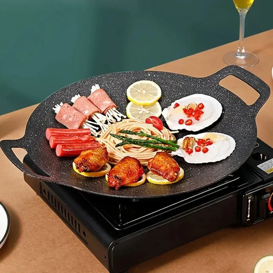 NEW Arrivals 32cm Non-Stick Roasting Pan Cast Iron Double Handled Crepe Stake Pan Round Griddle Grill Pan for Camping BBQ Round BBQ Griddle with Handle Kitchen Cooking Accessories Home Supplies