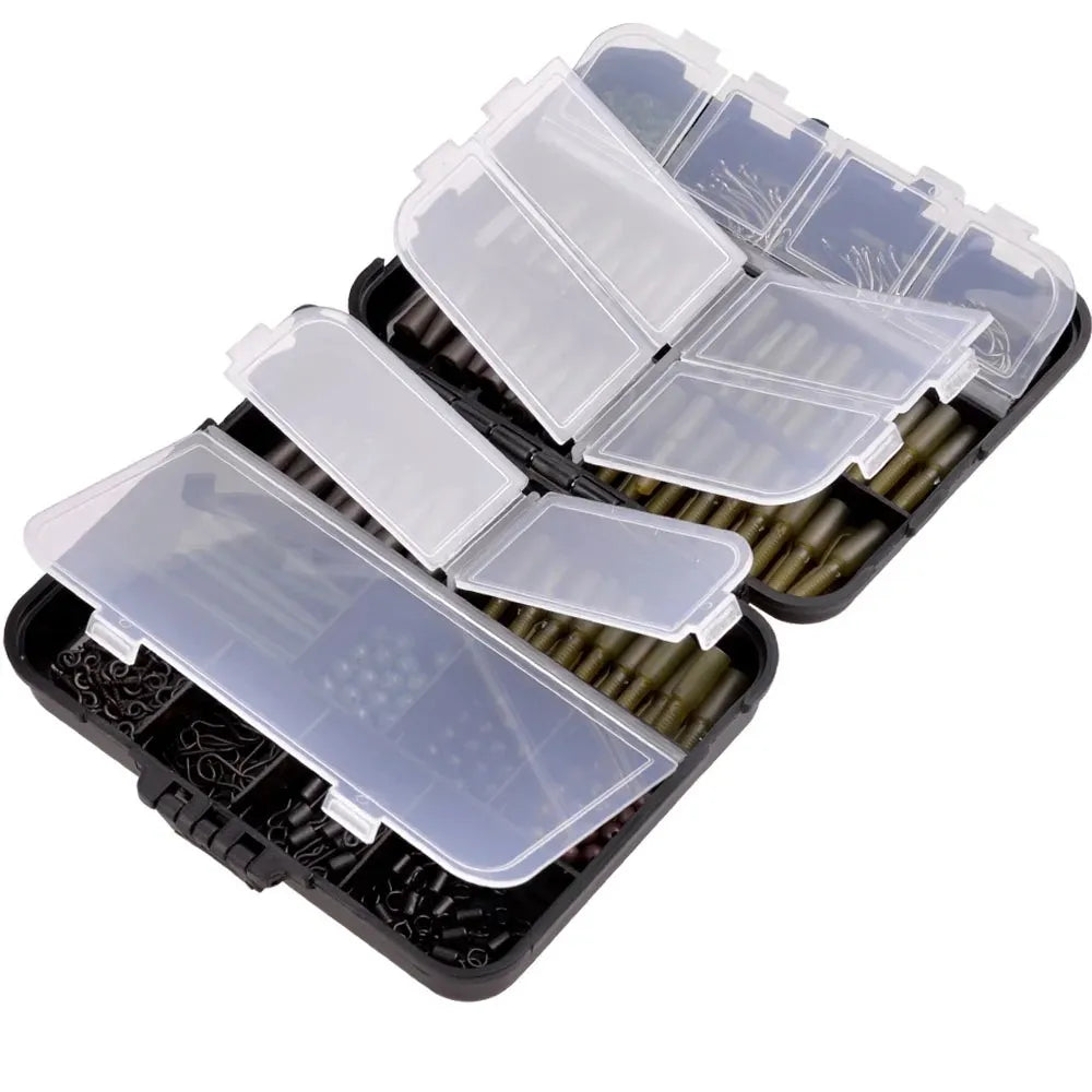 324 PCS Set Case Carp Fishing Accessories Tackle Kit Anti Tangle Sleeves Lead Clips Hooks Swivels Hook Stop Beads Boilie Bait Screw Ocean River Lake Fishing Accessories Tool Sets