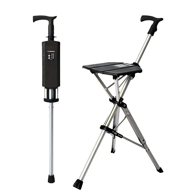 110KG Load Bearing New High Quality Aluminum Alloy Foldable Cane Stick Seat Adjustable Elderly Crutch Fishing Chair With Stool Outdoor Activities Walking Hiking Camping Mobility Medical Supplies