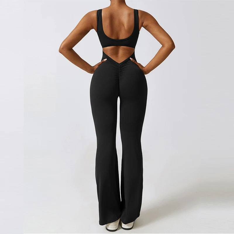 V Back Scrunch Gym Set Women Sport One-Piece Suit Yoga Suit Flared Pants Women Sports Jumpsuit Fitness Rompers Workout Bodysuits