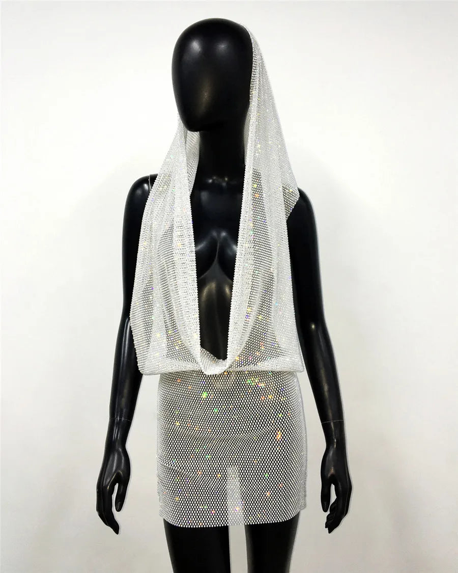 NEW Arrivals UK Size White/Black Color Y2K Streetwear See Through Mesh Women Dress Shiny Rhinestone Bandana Head Wraps Dress Rave Festival Women Clothing For Nightclub