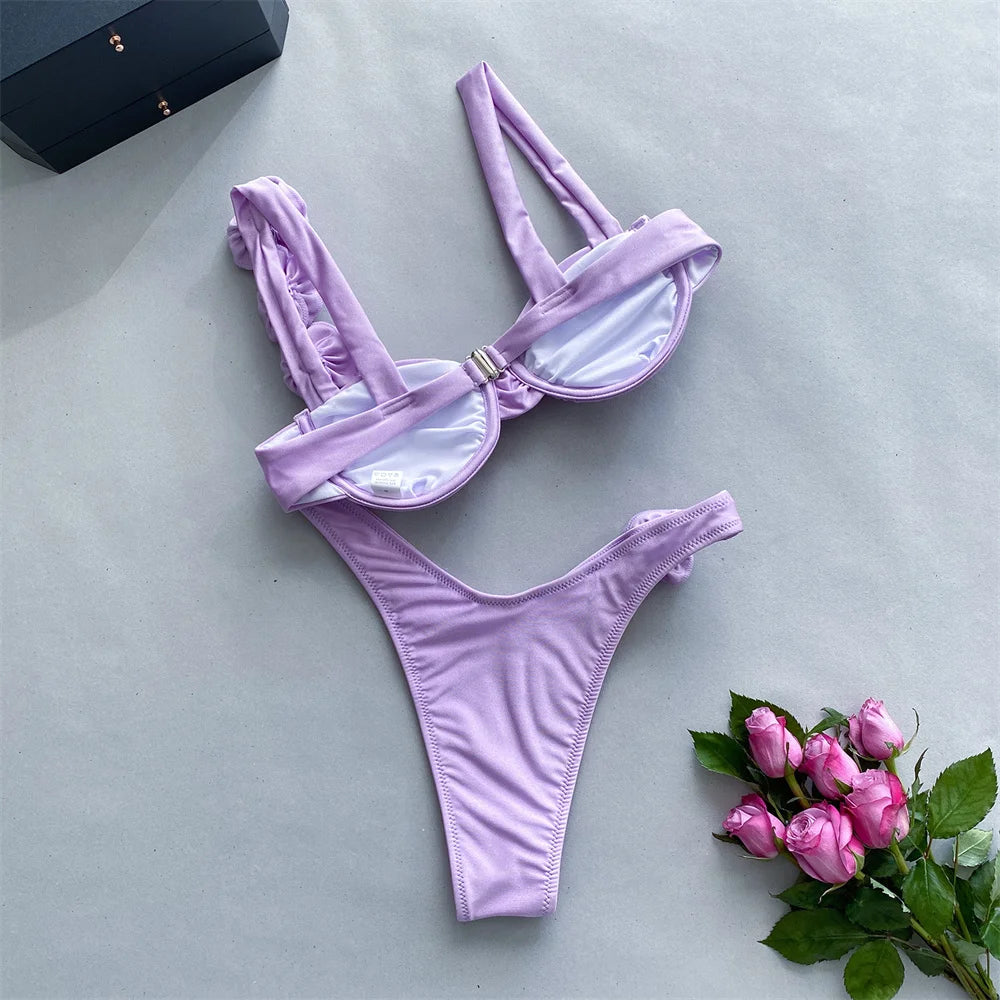 Sexy Swimwear 3D Flower Pleated Bandeau Bikini Set Women Swimsuit Brazilian Biquini Floral Bathing Suit