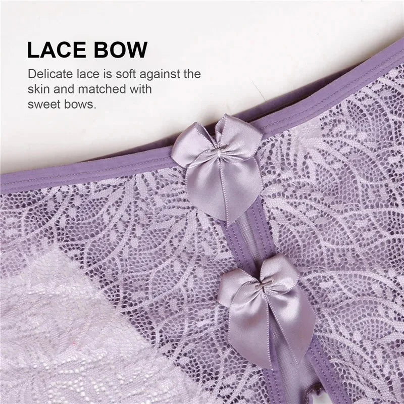 New Women Erotic Sexy Open Lace Panties Transparent Bow Low Waist Underpants Female Breathable Hollow Mesh Briefs Lingerie