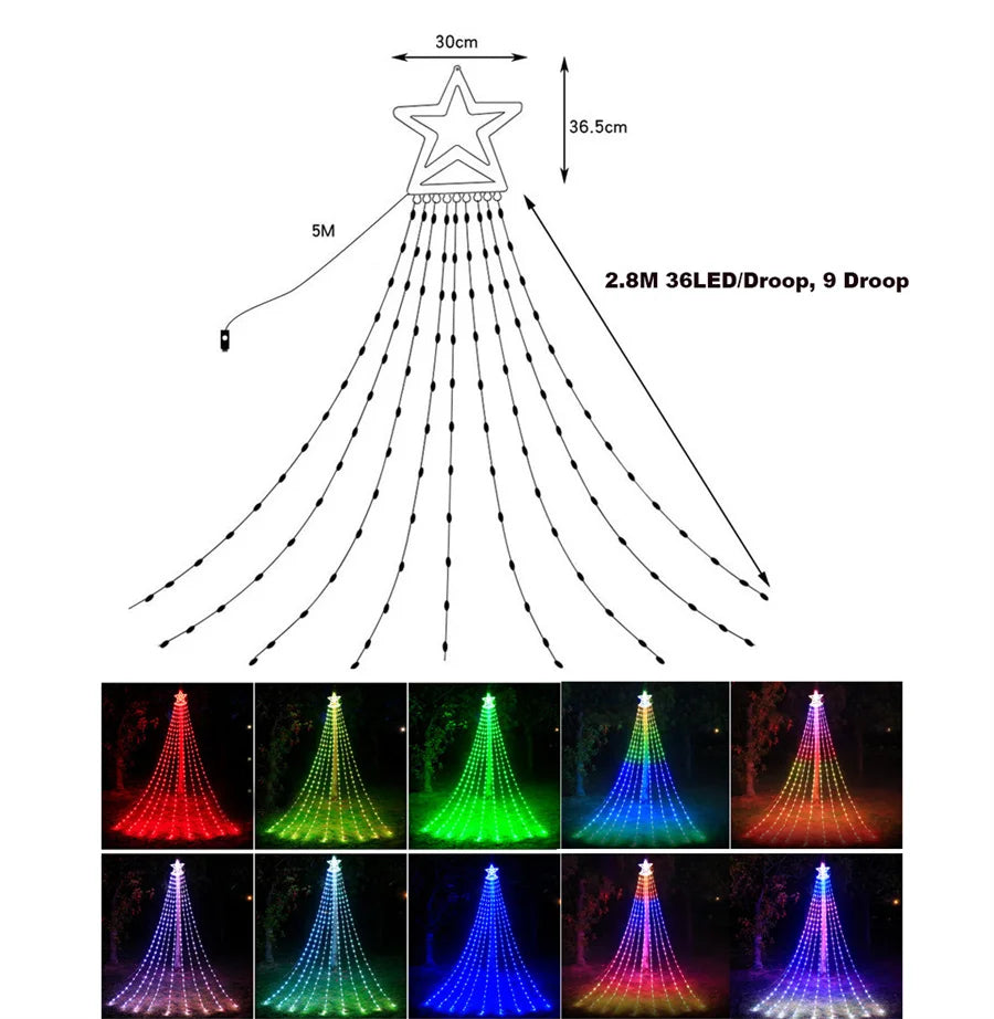 304 LED Lights Smart Christmas Tree String Lights with Star Topper 2.8M Dream Color APP Control Waterfall Fairy Light String Garland