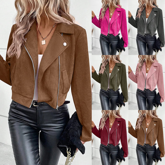 S-2XL US Size Women's Casual Lapel Zipper Jacket Imitation Deerskin Velvet Short Coat Winter Fashion Slim Women's Riding Short Jacket Casual Clothing Supplies