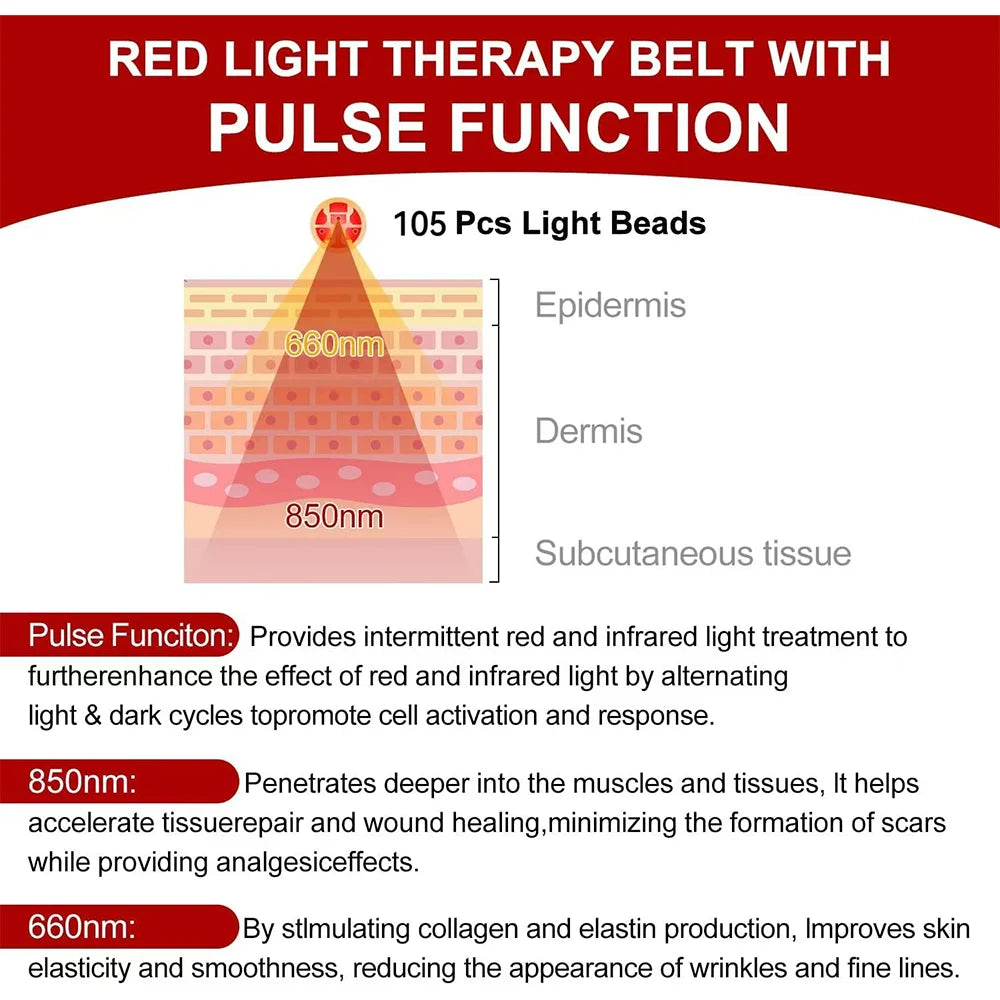 Red ＆Infrared LED Light Therapy Belt 850nm 660nm Back Pain Relief Wrap Burn Fat Wrap Slimming Machine Waist Heat Pad Full Body Massager