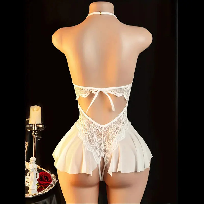 4 Colors Sexy Crotchless Lingerie For Hot Adult Women Front Buckle Bra Neck Erotic Babydoll Costume Open Night Dress Porn Sexy Underwear