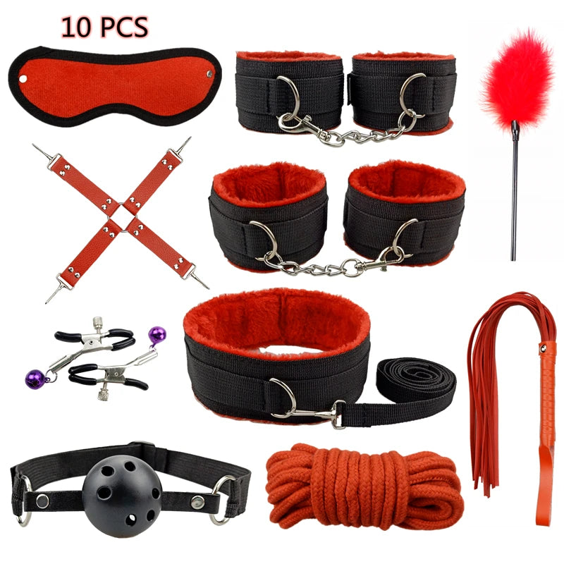 7/10/12 PCS Set  BDSM Bondage Set Adult SM Sex Products Sex Toys Kits For Adults Games Handcuffs Whip Vibrator Anal Plug Mouth Gag Erotic Couples Adults Sex Toys Accessories