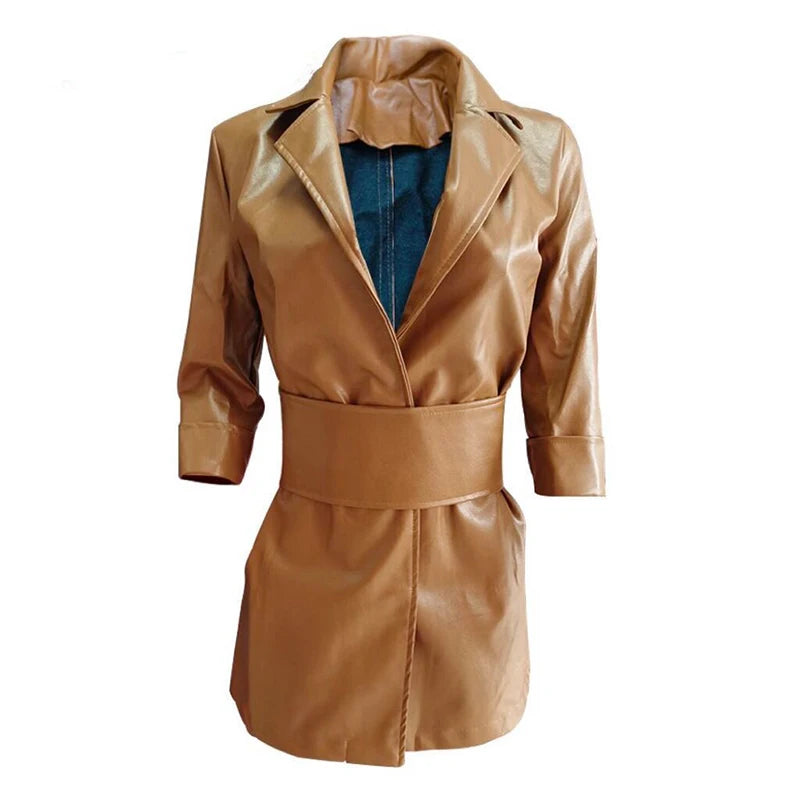 NEW Arrivals Luxury Italian Fashion Leather Women's Dress Sexy V Neck Leather Mid Length PU Leather Waist Closure Dresses Trend Turn Down Dress With Belt Ladies Luxury Fashion Clothing Supplies