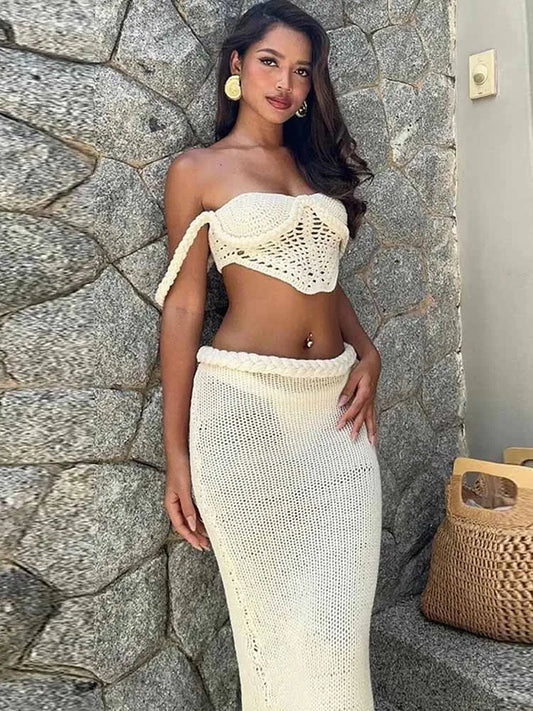 BRAND NEW 2PCS Set  Red/White S(8)-XL(16-18) UK Size Sexy HOT Crochet Knit Skirts Set Women Sexy Hollow Out Lace Up Crop Tops Hip Package Split Long Skirt Ladies Beach Outfits