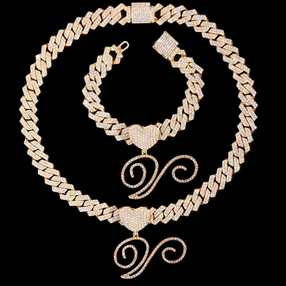 2 PCS Set New Fashion A-Z Initial Cursive Letter Luxury Rhinestones Pendant Cuban Necklace for Women Iced Out Cuban Link Chain Necklace Set Jewelry