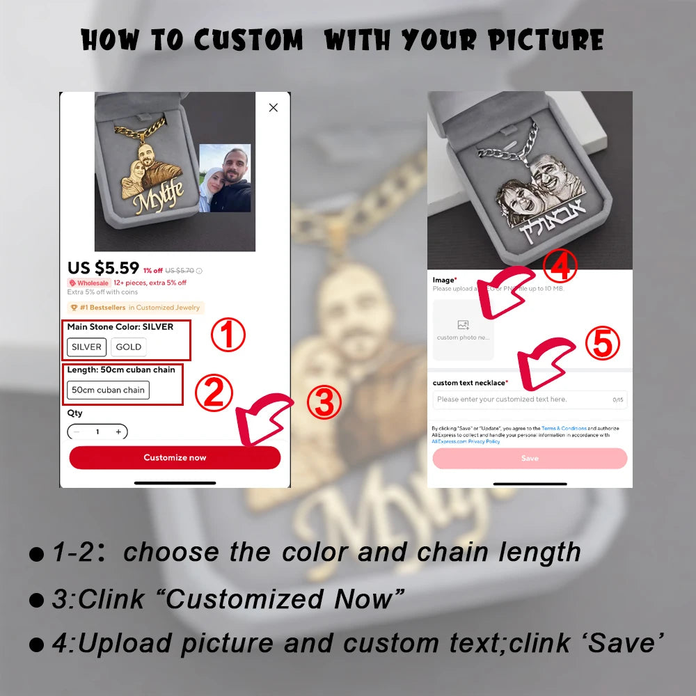 Personalized Custom Picture Nameplate Gold/Silvery 50cm Cuban Chain  Pendant Custom Photo Necklace Engraved Portrait Necklace Anniversary Birthday Wedding Gifts for  Jewelry Family Gifts