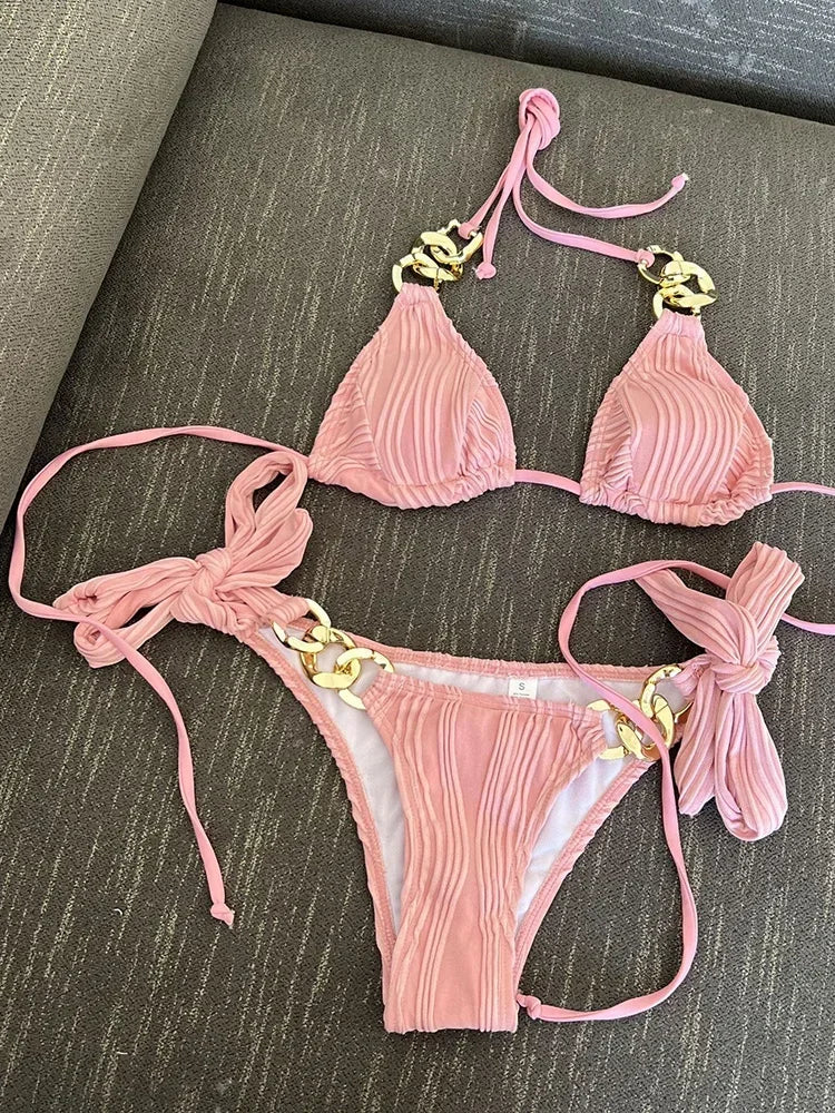 NEW 8 Colors Sexy Halter Metal Rings Bikinis Wrinkled Bikini Female Swimsuit Women Swimwear 2PCS Bikini Set High Cut Bathing Suit Swim Ladies Sexy Swimwear Bikini Set