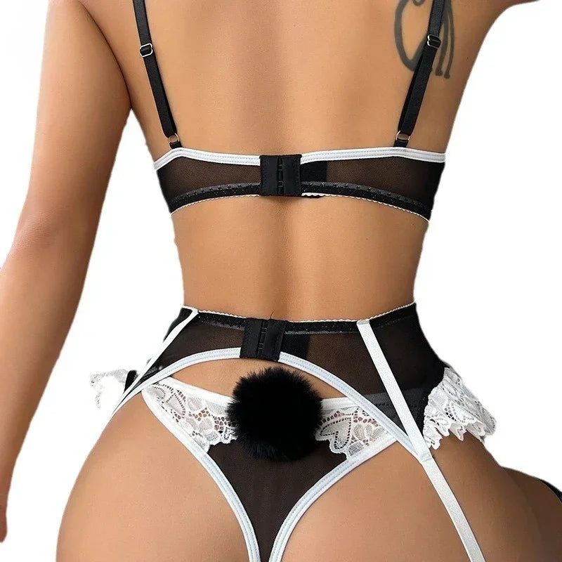 NEW!!!! Sexy See Through Lace Bra Panties with Garter Set Women's Sexy Lingerie Set Underwear Erotic Porn Costume Babydoll Female Lingerie Fashion Clothing Apparel Supplies