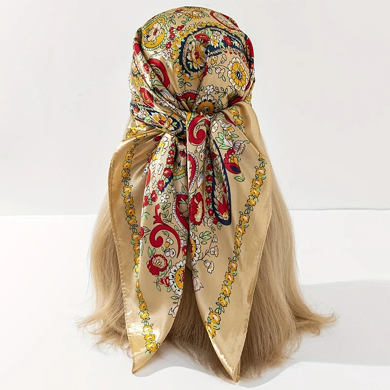New 90x90cm 18 Colors Silk Shawl Satin Square Scarf For Women Paisley Neckerchief Female New Headband Hair Bands Print Foulard Hijab Wraps Bandana Women Apparel Accessories
