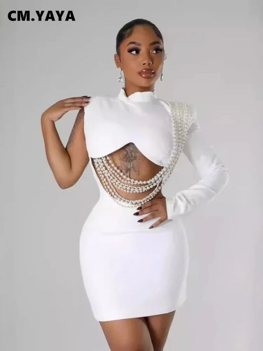 NEW Luxury Women Female White Full Sleeve Elegant O-neck Mini Dress Summer Evening Beach Party Pearl String Sexy Streetwear  Night Club Party Dresses Girls Ladies Luxury Fashion Clothing Supplies