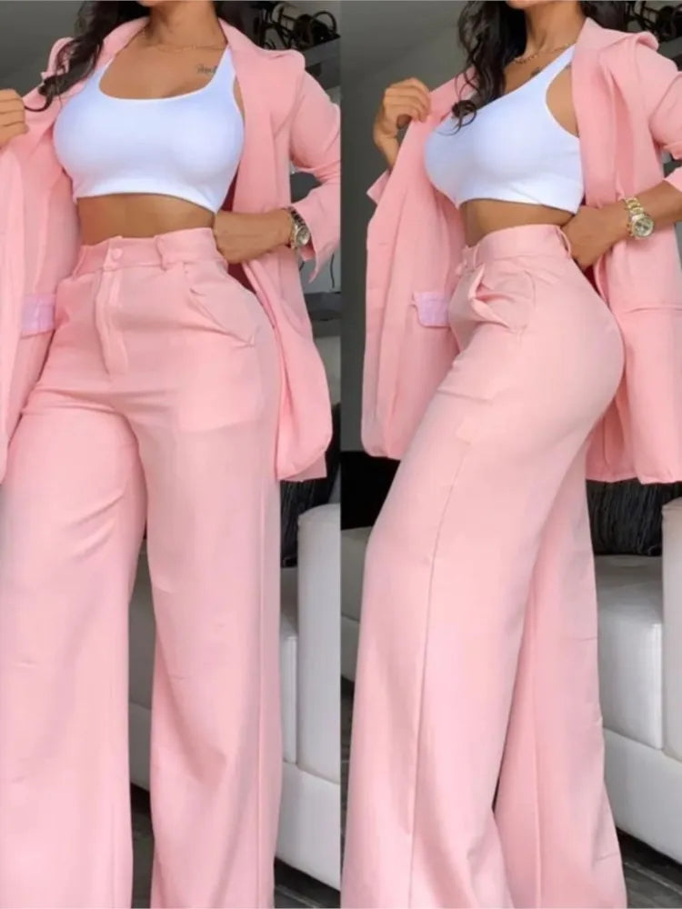 NEW Arrivals 2PCS Set UK Size S(8)-3XL(20) 4 Colors Woman Elegant Luxury Blazer Sets New Autumn Spring Fashion Women's Notched Collar Coat + Pocket Design Pants Set Work Commuting