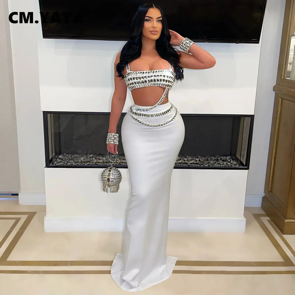 NEW Arrivals Women Girls 2PCS Set Diamonds Hot Rhinestones Strapless Top + Long Skirt Suit Dress Sets Two 2 Piece Set Party Club Night Outfits Female Ladies Luxury Fashion Clothing Supplies