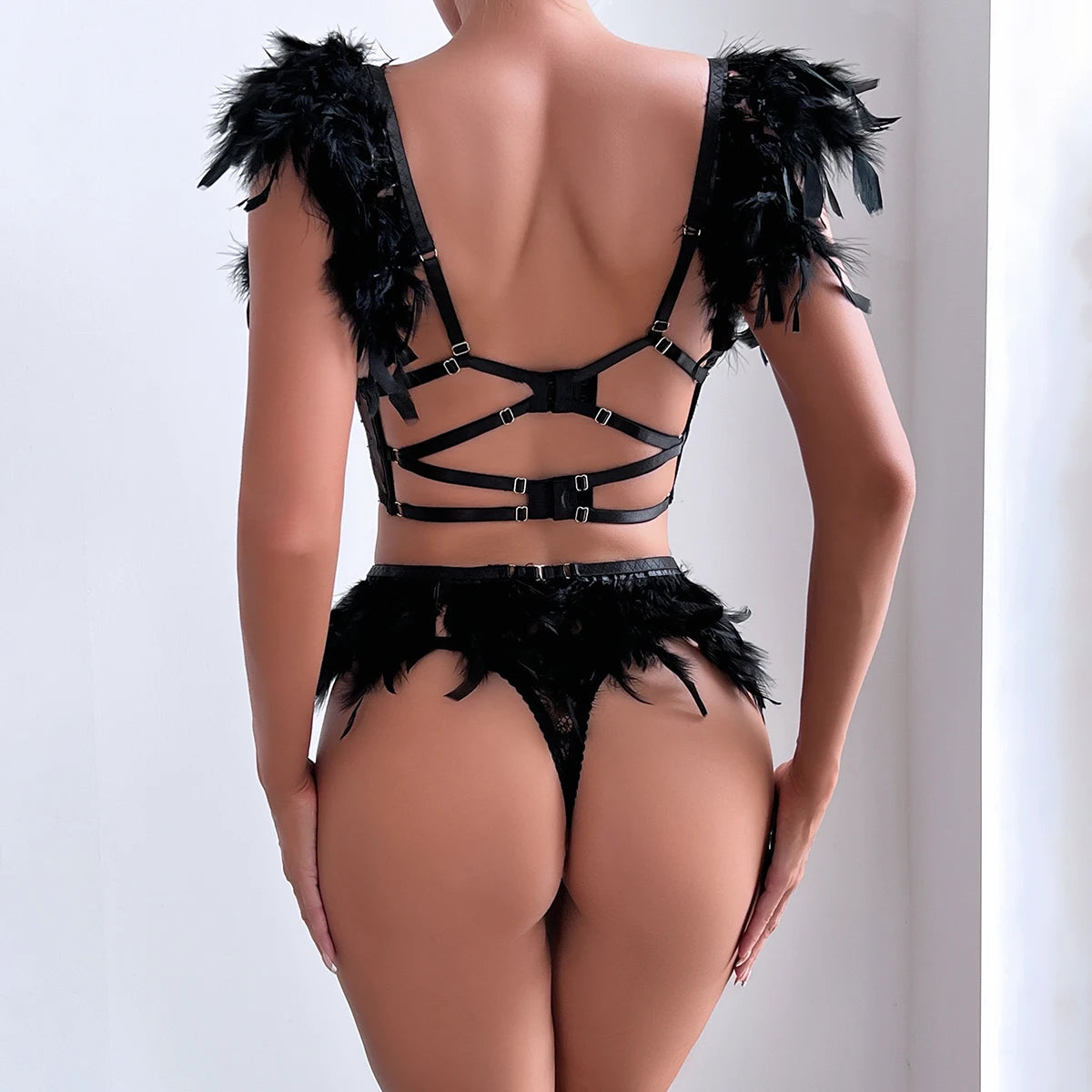 Koltailace Halloween Feather Black Seductive Sexy Underwear Strap Stitching Chain Three-piece Set