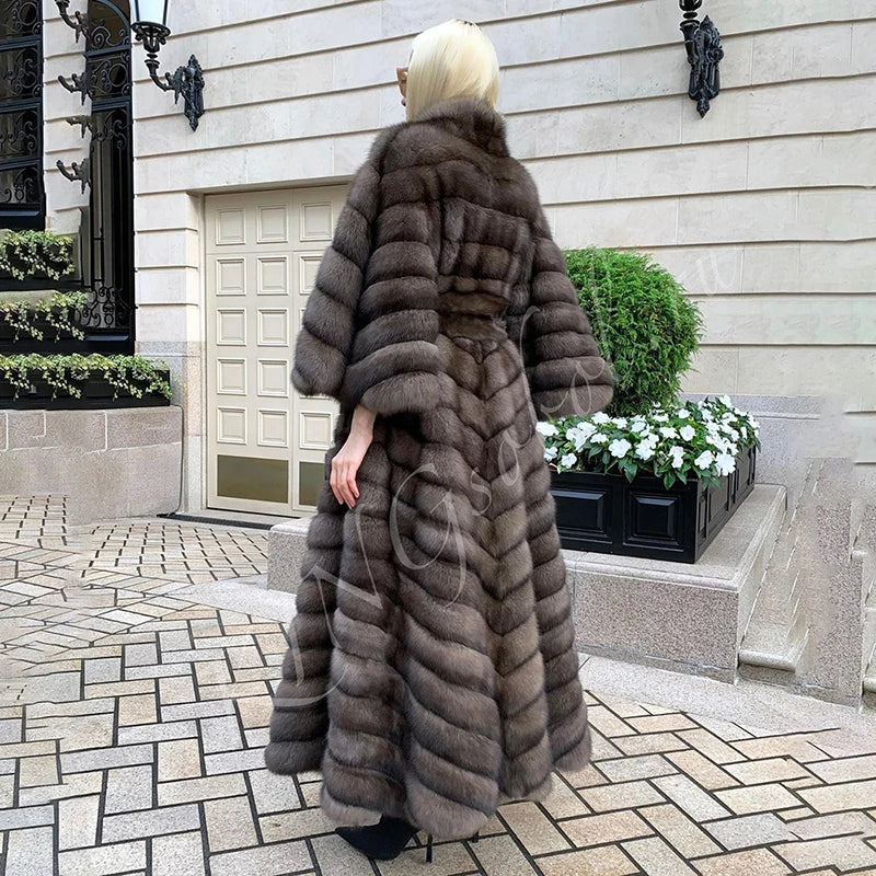 NEW Arrivals Italian Genuine Real Fox Fur Winter Warm Snow Outerwear New Straight Long Sleeve Sable Color Natural Real Fox Fur Coat Evening Party Night Business Dinner Luxury Coat Female Ladies Luxury Fashion Clothing Supplie