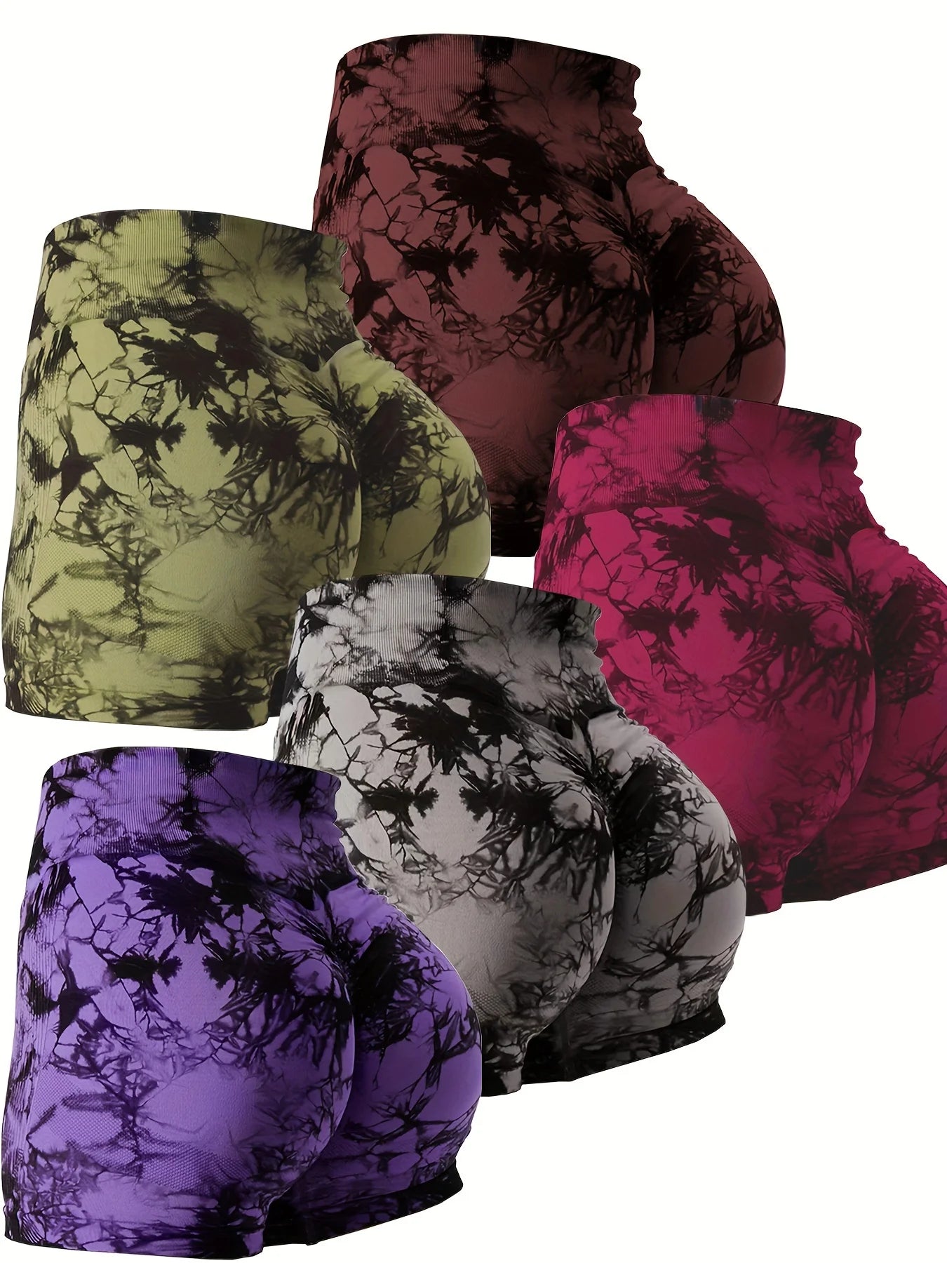 NEW Arrivals 5PCS Set  High-Waisted Tie-Dye Biker Shorts for Women - Stretchy, Moisture-Wicking, Quick-Drying, High-Quality Nylon Fabric Yoga Fitness Gym Outdoor Running Shorts Set Sports Supplies